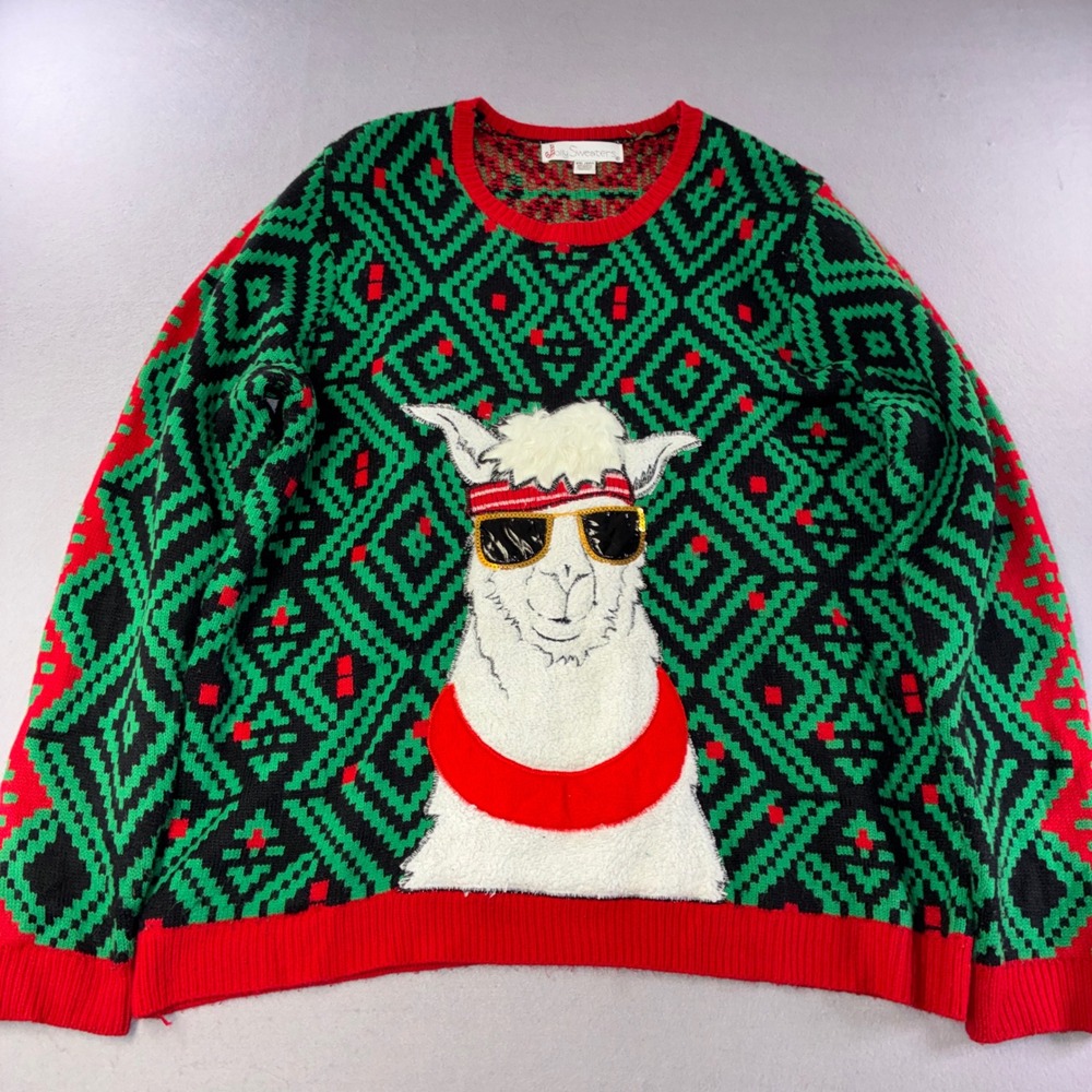 Jolly Sweaters Ugly Christmas Sweater Mens XXL Green Llama Graphic Holiday Knit